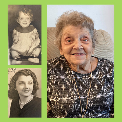 Collage showing three portraits of the same person at different stages of life, including childhood, young adulthood and older adulthood.