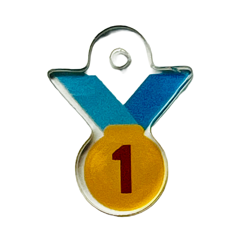 Acrylic charm with gold medal icon with the number "1" on it.