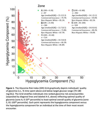 Scatter plot showing Glycemic Risk Index (GRI) risk zones based on hypoglycemia and hyperglycemia components. Individuals are grouped into four color-coded categories ranging from lowest risk (Zone A) to highest risk (Zone D)