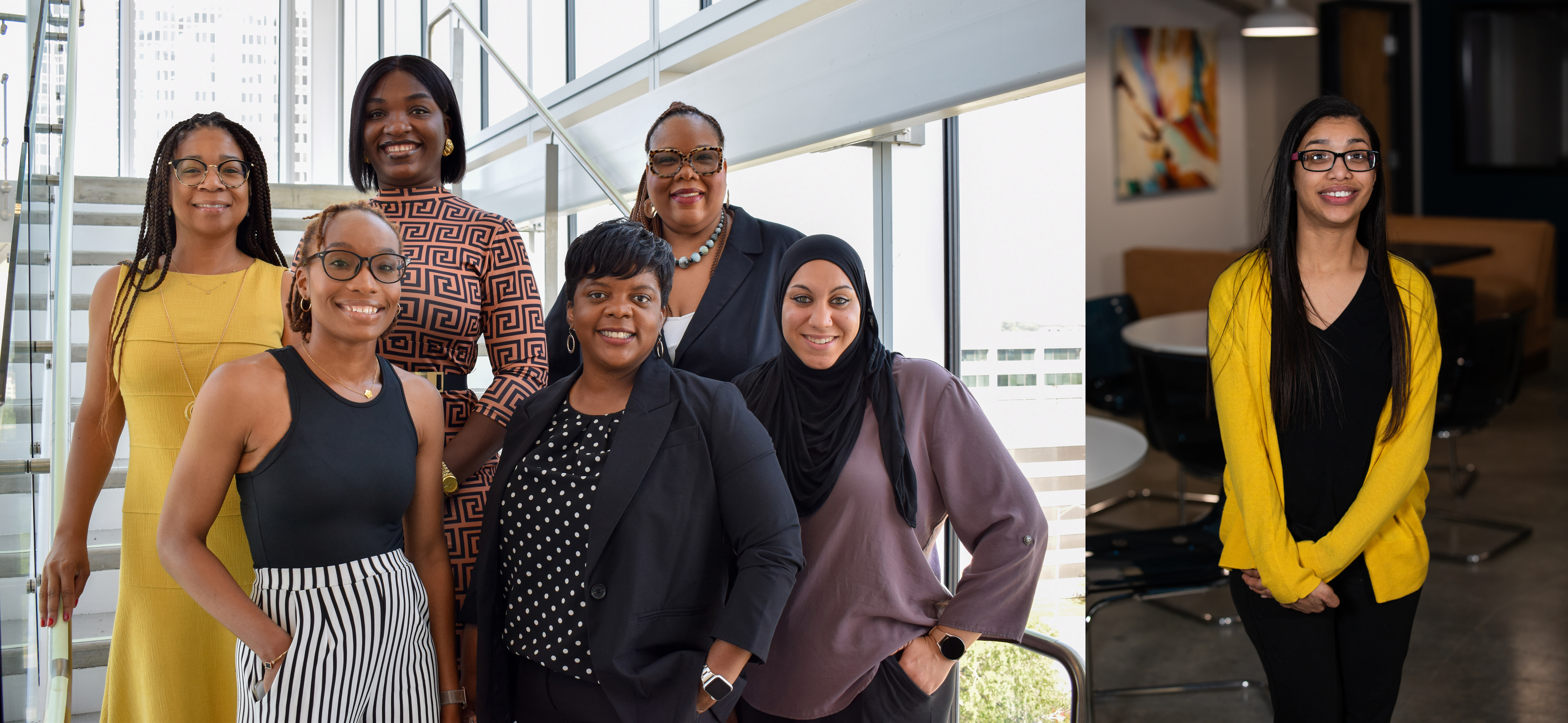 Photo on left is of 6 women standing on two different stairs in a stairwell. Photo on right is of a woman wearing glasses with long black hair and a yellow cardigan with black shirt and pants.
