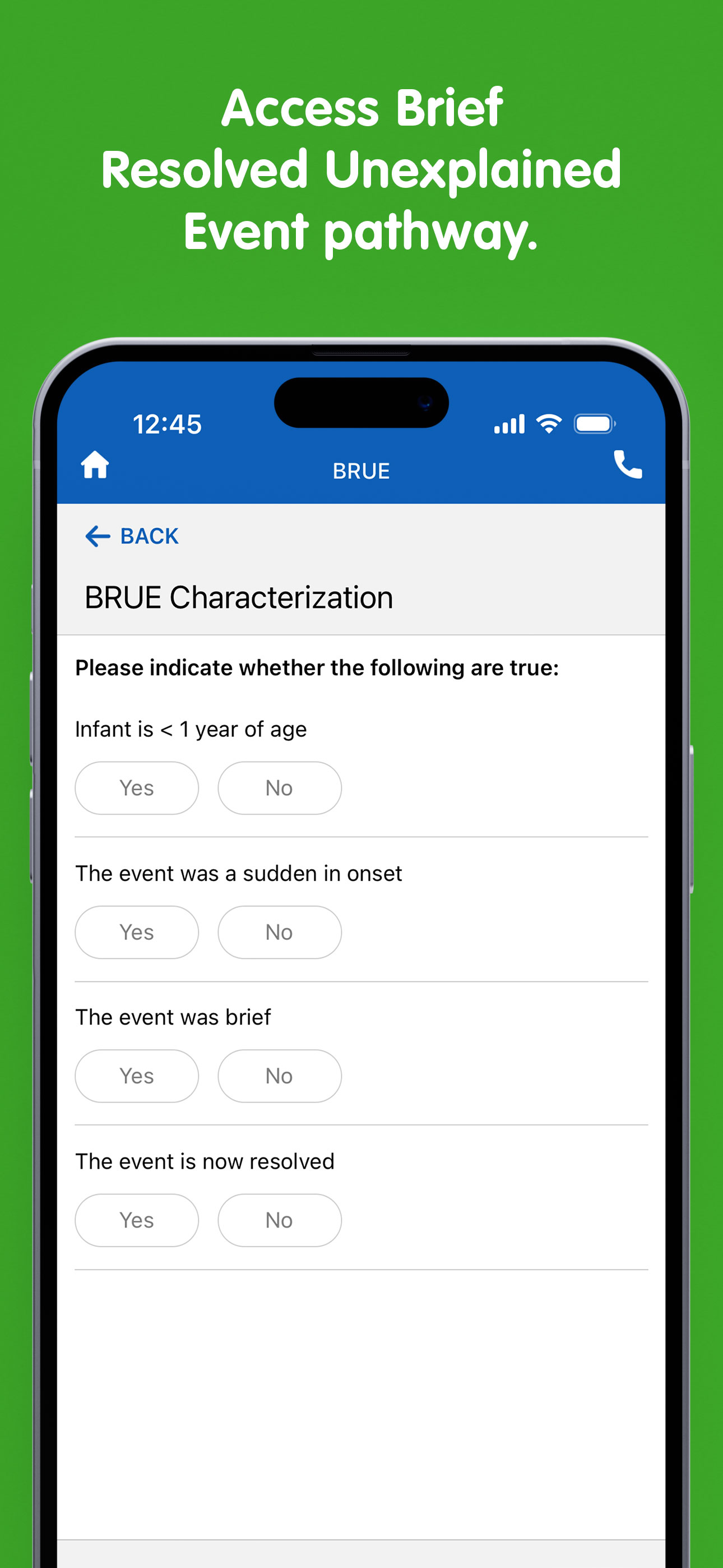 PedsGuide app unexplained event pathway screen