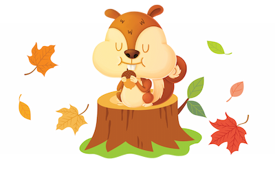 Cartoon squirrel sitting on a tree stump surrounded by falling autumn leaves.