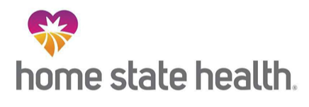 Home State Health logo featuring a heart-shaped icon with a yellow starburst design above the gray text “home state health