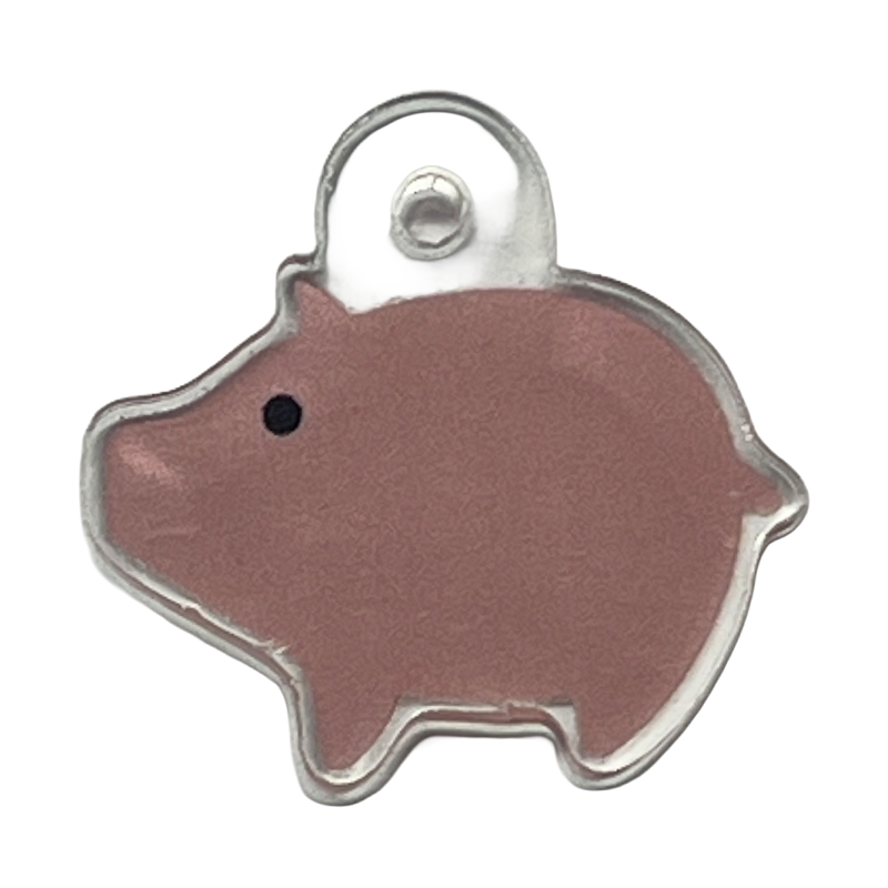 Acrylic cham with a pink piggy back icon.