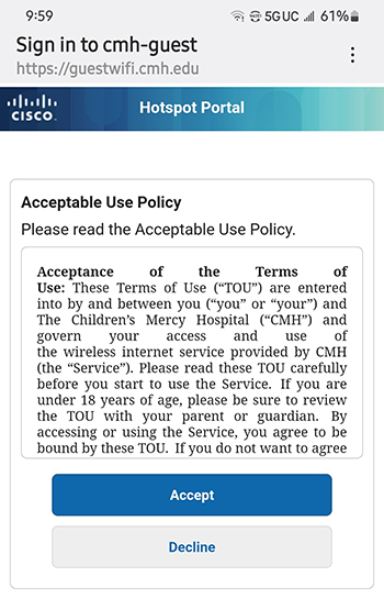 Screenshot of the Children's Mercy guest Wi‑Fi sign-in page displaying the Acceptable Use Policy and buttons to accept or decline the terms of use