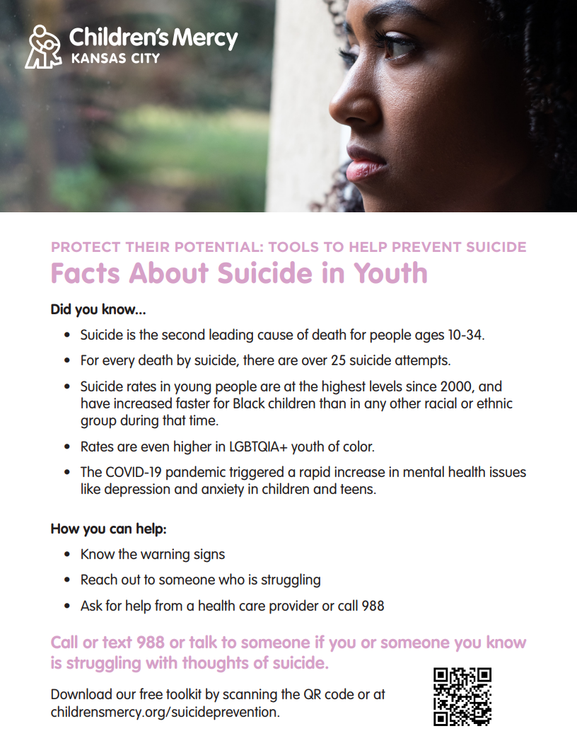 Children's Mercy suicide prevention infographic titled 'Facts About Suicide in Youth,' highlighting warning signs, risk statistics and resources, including guidance to call or text 988 for support.
