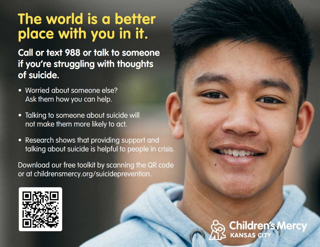 Suicide prevention awareness poster featuring a teen and information about the 988 Suicide & Crisis Lifeline