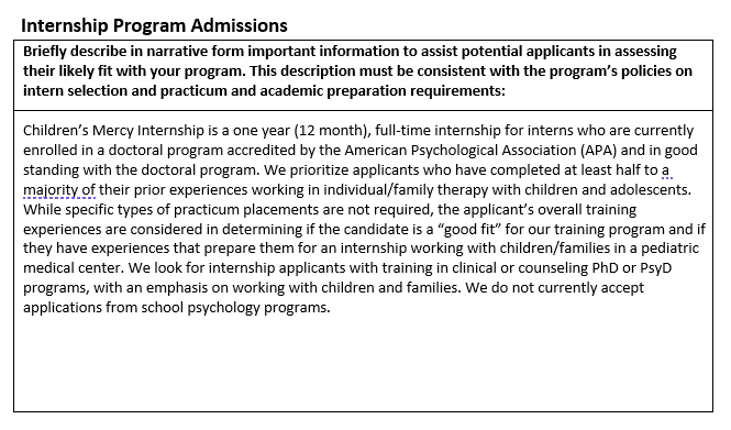 Child Psychology Doctoral Internship Program: Internship Program Admissions