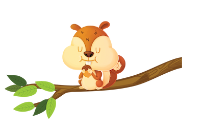 Cartoon squirrel sitting on a tree branch holding an acorn.