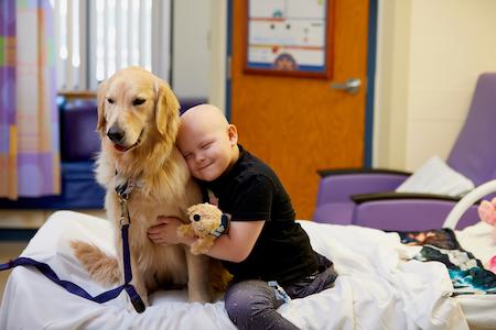Child hugging a golden retriever therapy dog while sitting on a hospital bed.