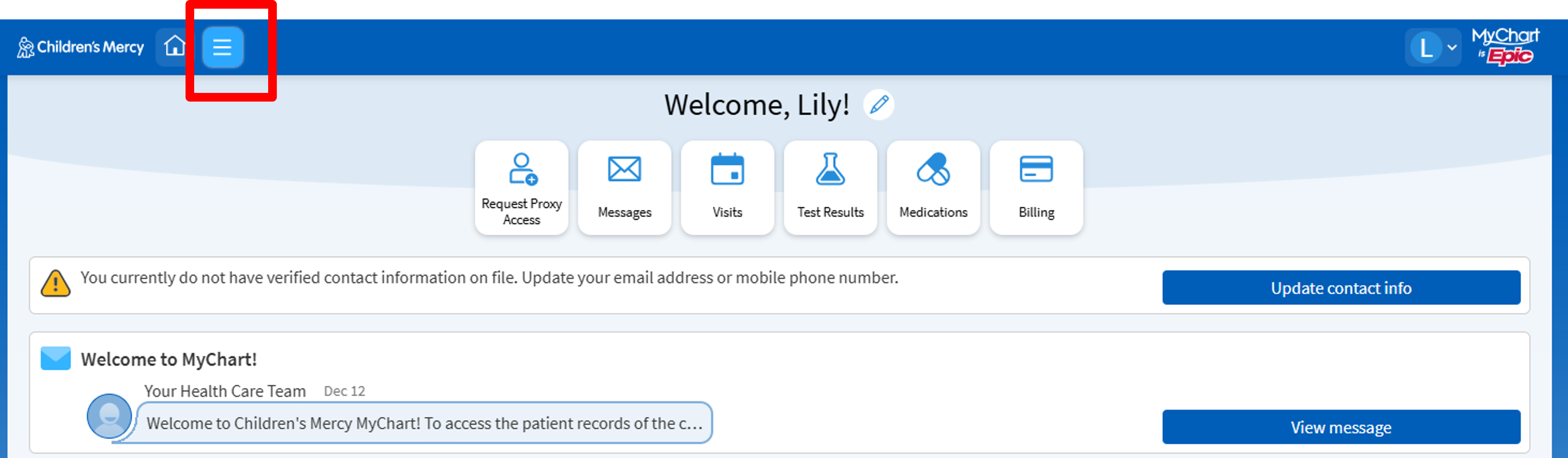 Screenshot of the Children's Mercy MyChart home page with the navigation menu button highlighted in the upper-left corner