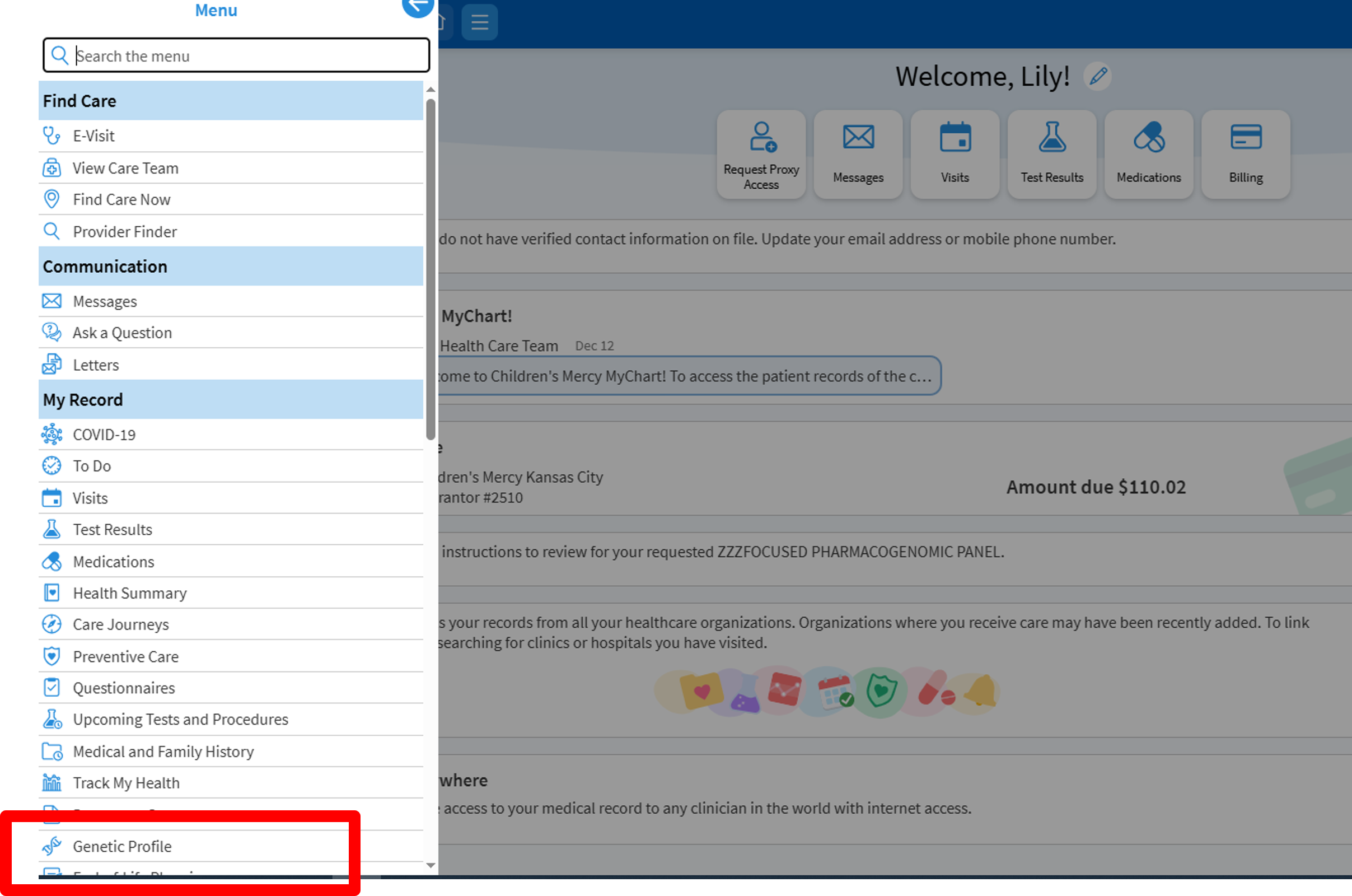 Screenshot of the Children's Mercy MyChart navigation menu with the 'Genetic Profile' option highlighted, showing where users can access genetic testing and genetics-related information