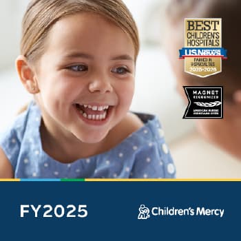 Cover image for a Children’s Mercy FY2025 report featuring a child in a blue polka-dot shirt. The image includes badges for U.S. News Best Children’s Hospitals 2025–2026 and Magnet Recognition Program, with “FY2025” and the Children’s Mercy logo displayed at the bottom.