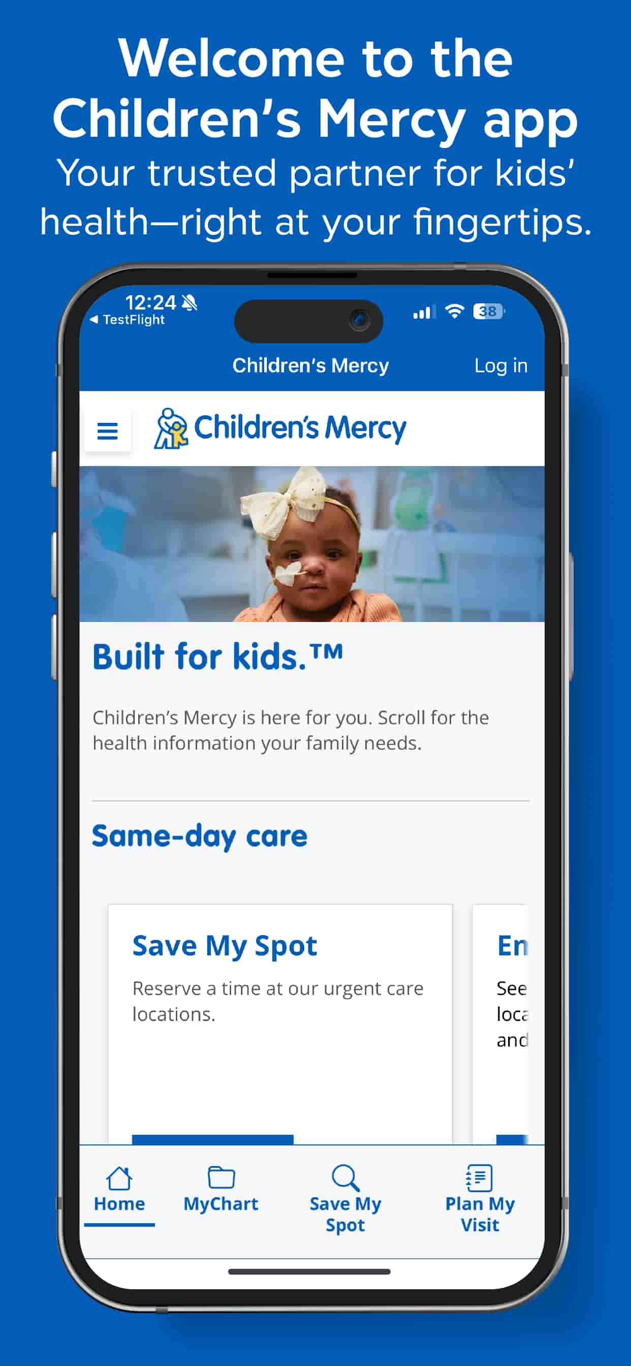 Smartphone displaying the Children’s Mercy app on a blue background, with a welcome message and quick access to MyChart, same-day care, and family health resources.