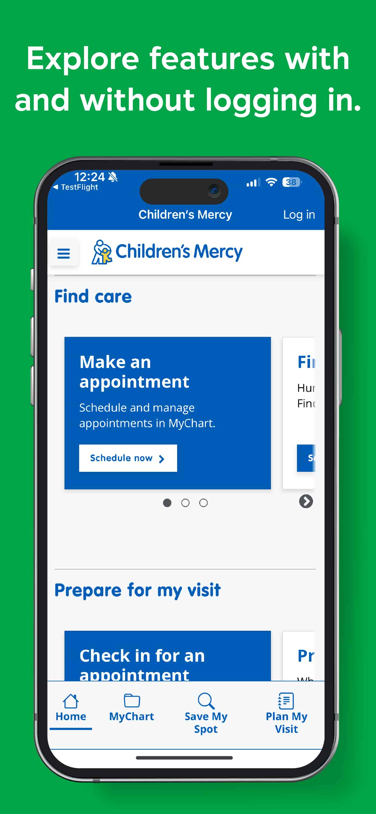 Children’s Mercy app displayed on a smartphone, highlighting appointment scheduling and visit preparation features.