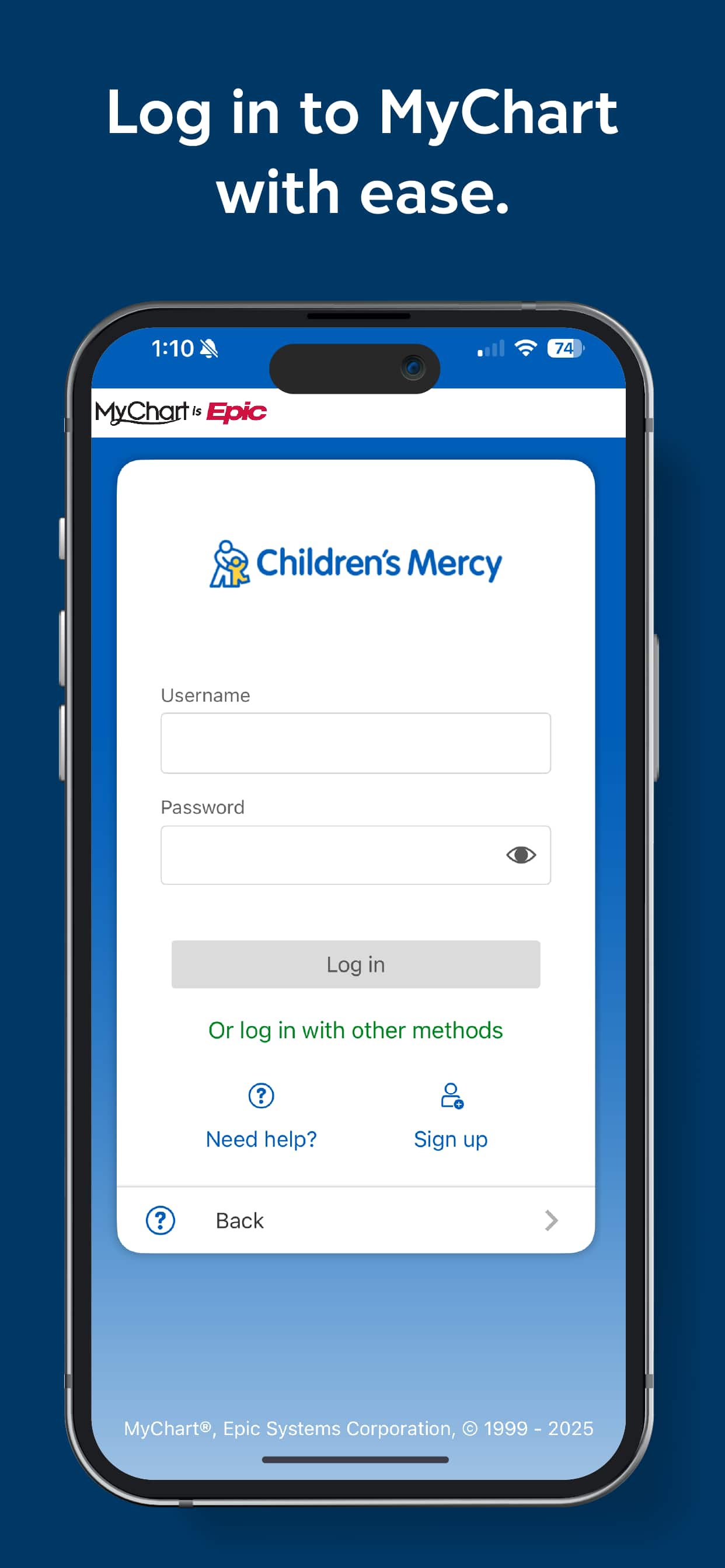 Smartphone displaying the Children’s Mercy MyChart login screen.