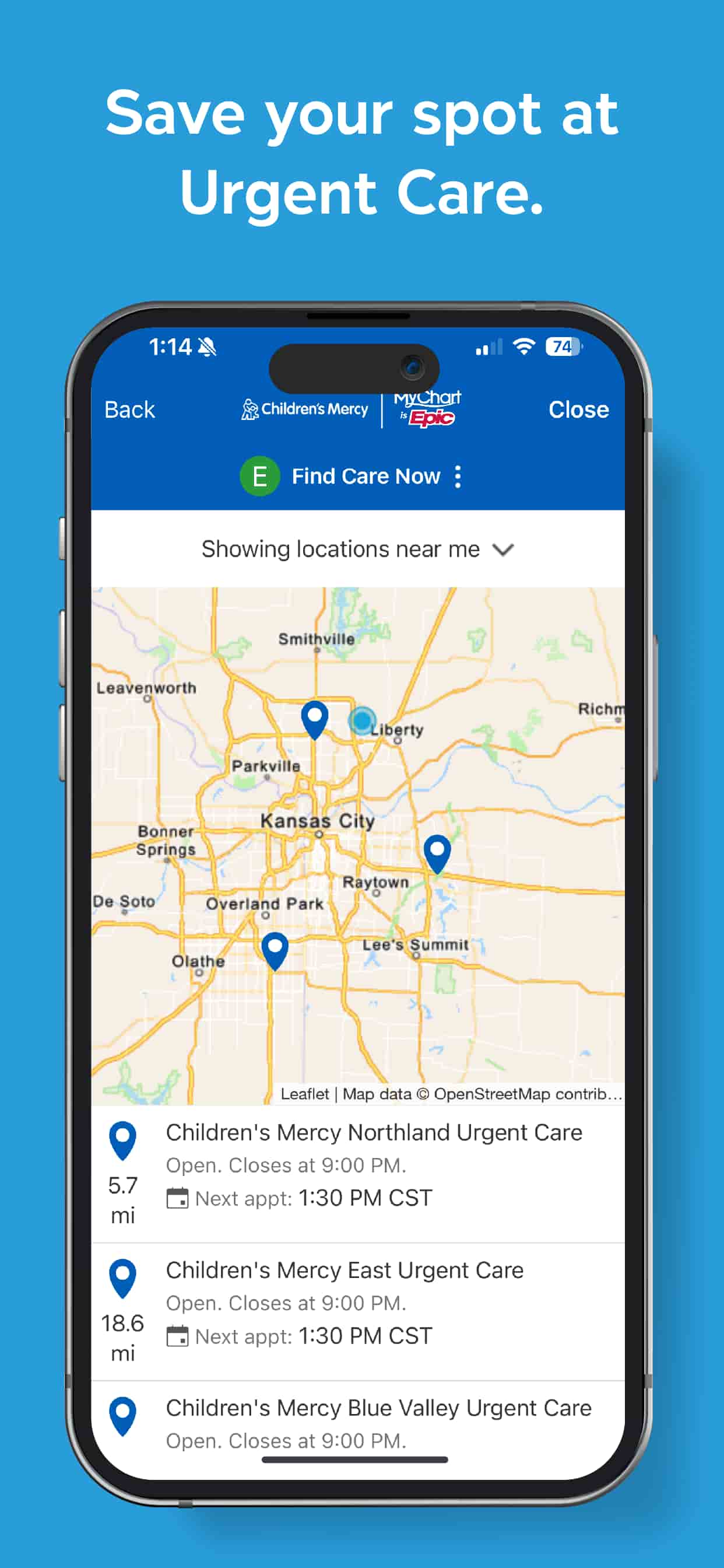 Smartphone displaying the Children’s Mercy app map to find and save a spot at urgent care.