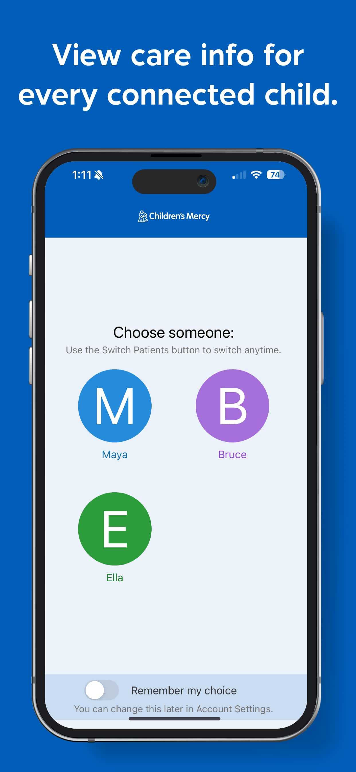 Smartphone displaying the Children’s Mercy app with profiles for connected children.