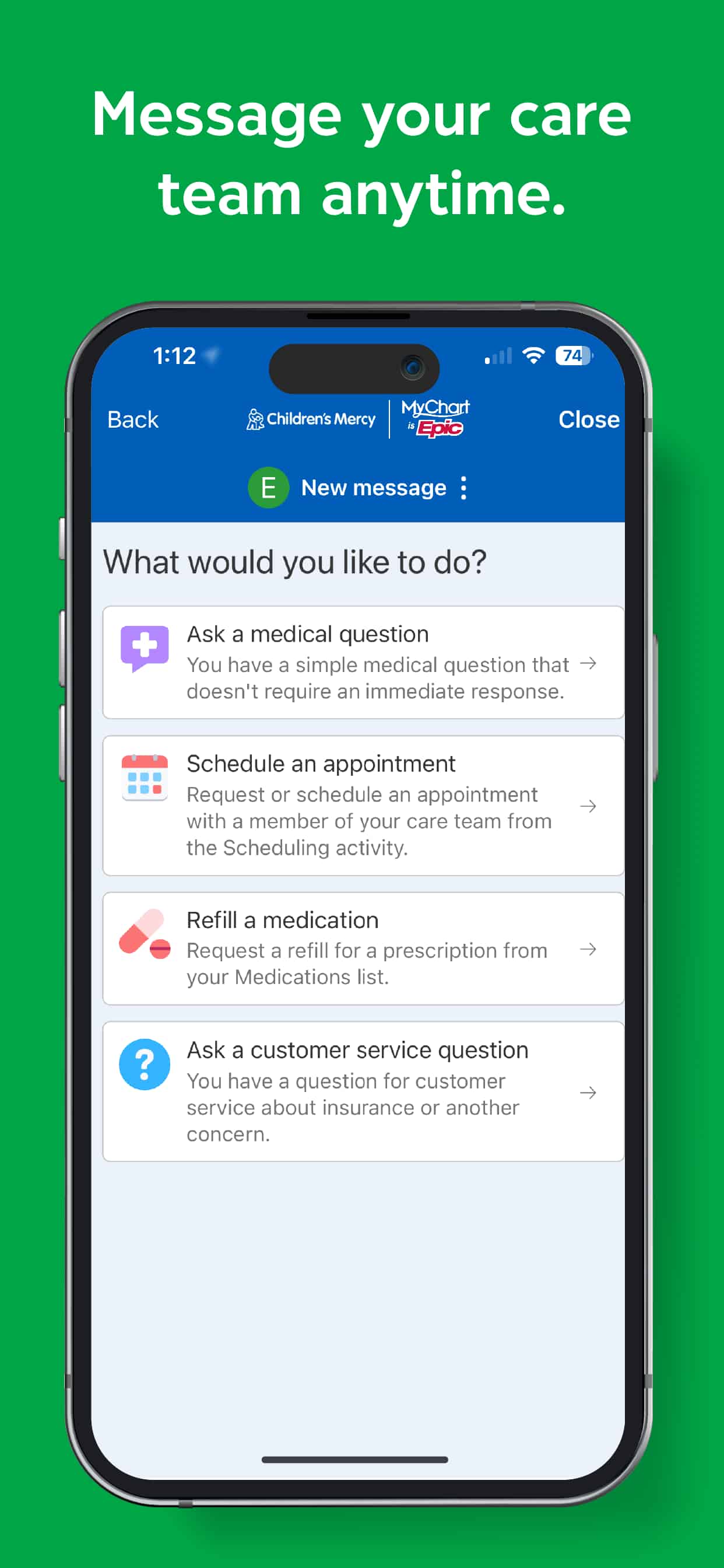 Smartphone displaying the Children’s Mercy app messaging feature for contacting a care team.