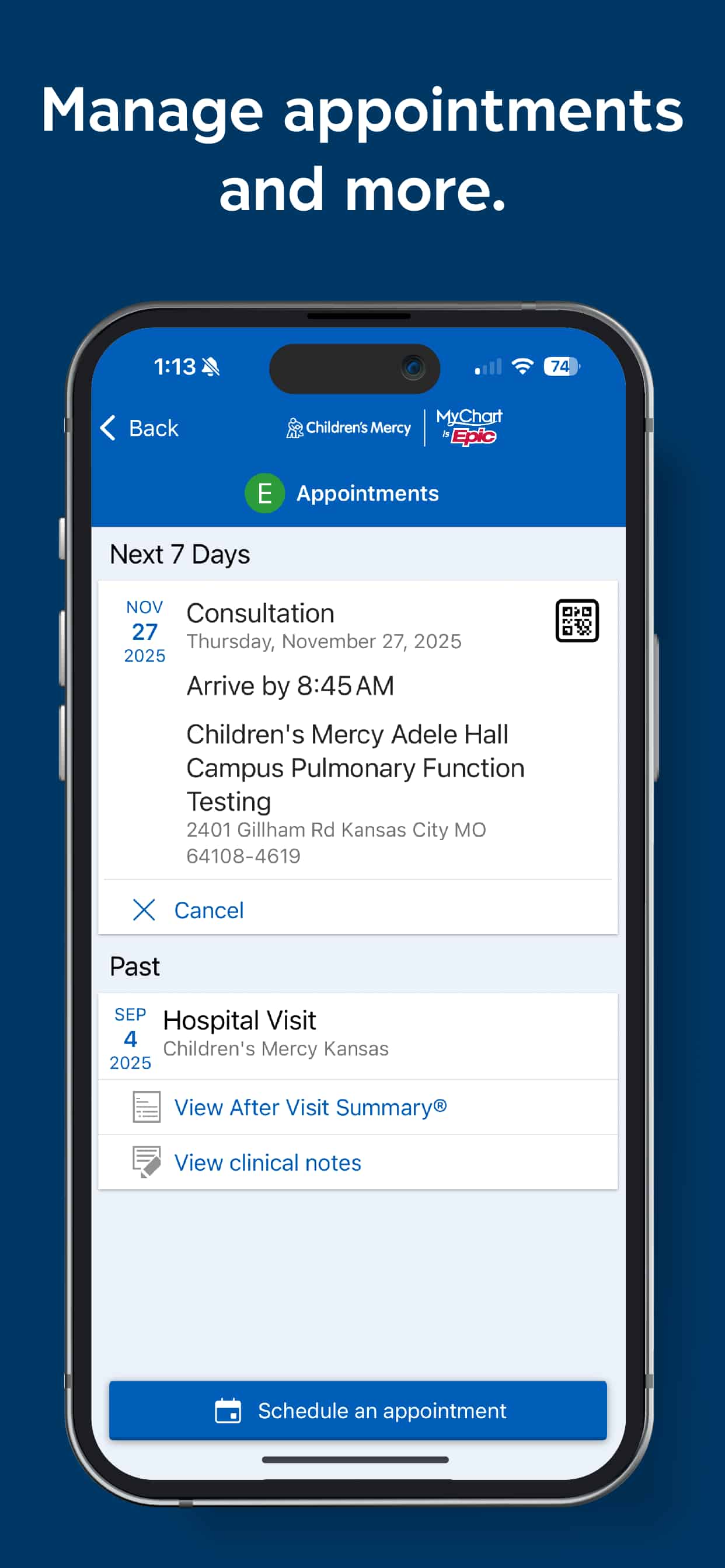 Smartphone displaying the Children’s Mercy app with appointment scheduling and visit management features.