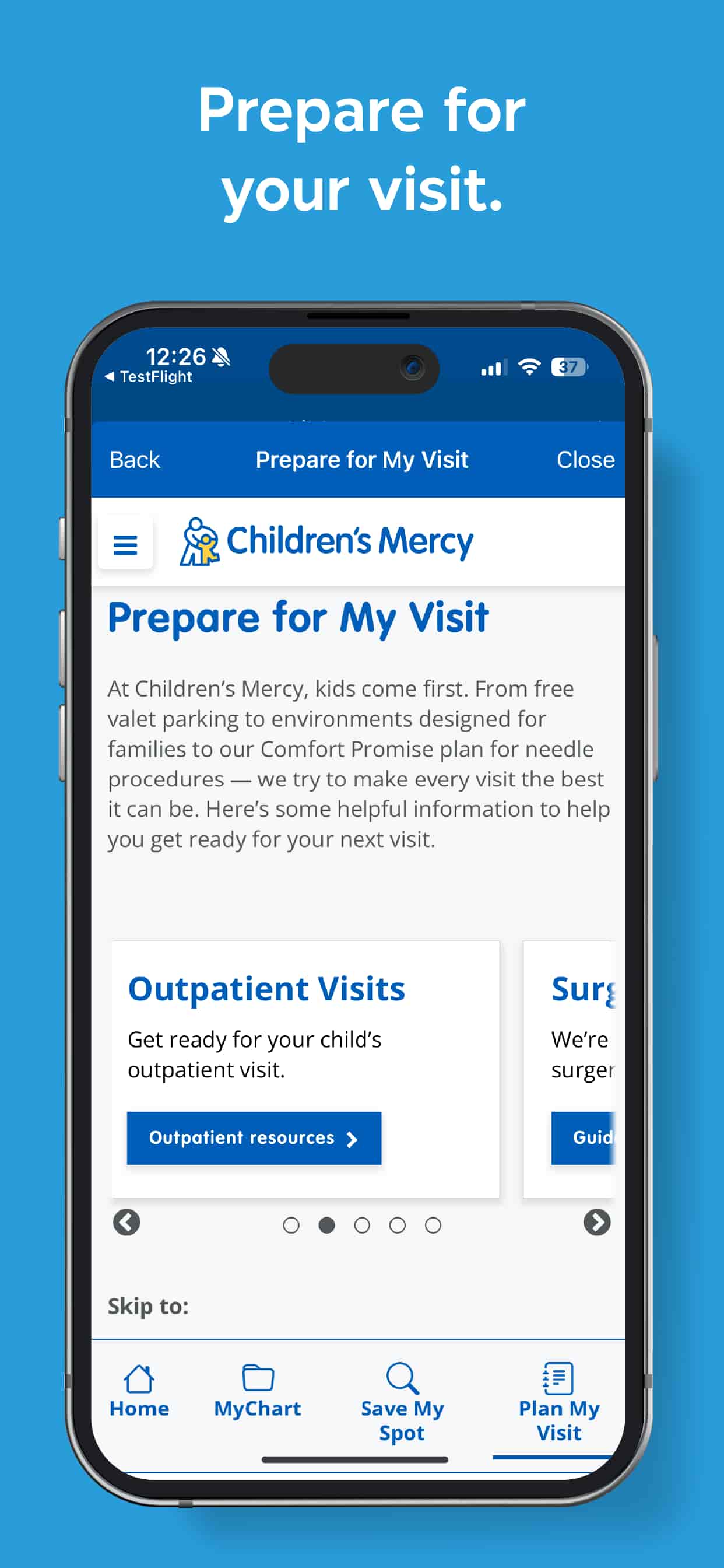 Smartphone displaying the Children’s Mercy app with visit preparation information and resources.