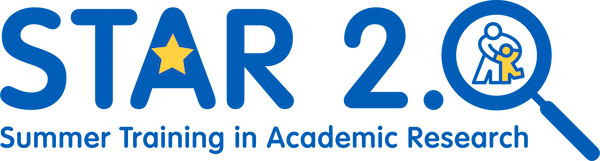 Logo: STAR 2.0. Summer Training in Academic Research. There is a yellow star in the middle of the A and the 0 looks like a magnifying glass.