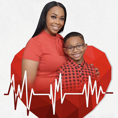 A graphic shows a mom and son, both dressed in red, smiling at the camera with a geometric heart shape behind them and a heart monitor line running over the foreground.