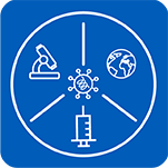 Emerging Infections icon: microscope, hypodermic needle and globe surrounding a microbe.