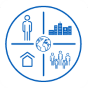 A circle divided into 4 quadrants. Inside the top left and working clockwise is: a person, hospital, 5 people, and a house.
