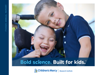 Promotional image showing two children together, one using a wheelchair. Text reads, “Bold science. Built for kids.” with the Children’s Mercy Research Institute logo displayed below.