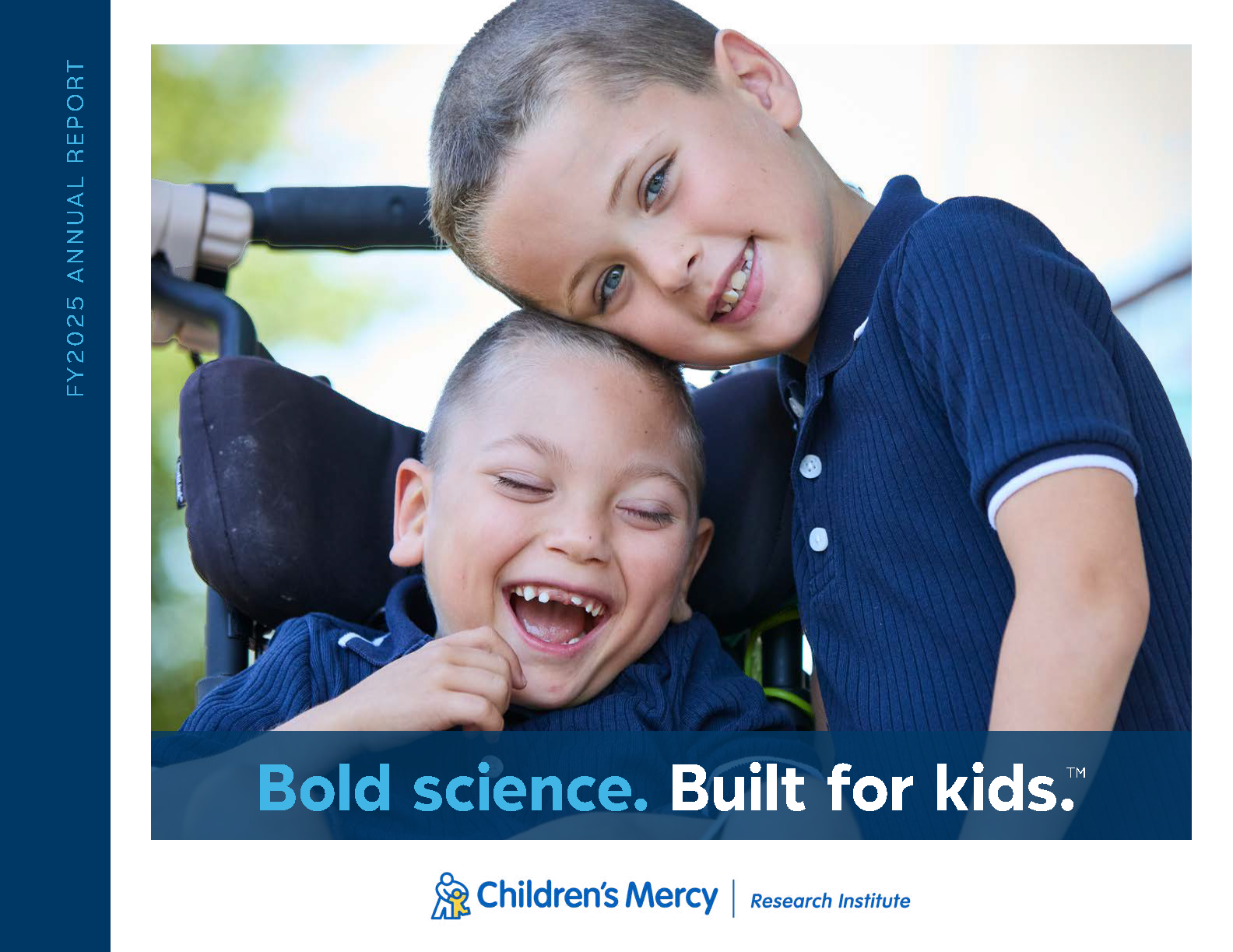 The outside cover of the CMRI annual report FY25. On it are two brothers, smiling. The younger brother on the left is in a wheelchair.