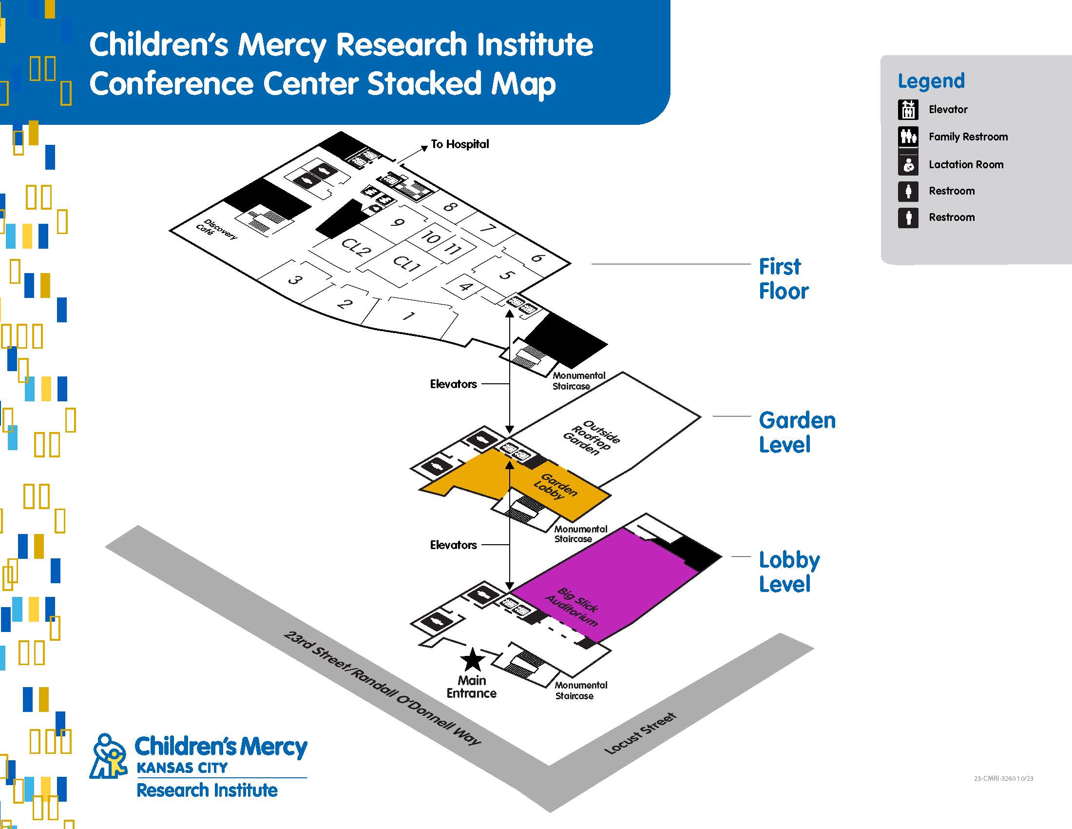 A map of the inside of the Children's Mercy Research Institute Conference Center floor overview.