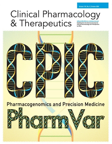 The front cover of the Clinical Pharmacology & Therapeutics journal. It says CPIC Pharmacogenomics and Precision Medicine PharmVar on it. 