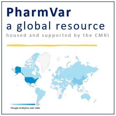 The cover of a journal that says PharmVar: a global resource housed and supported by the CMRI. Below it is a map of the world with areas colored in various shades of blue.