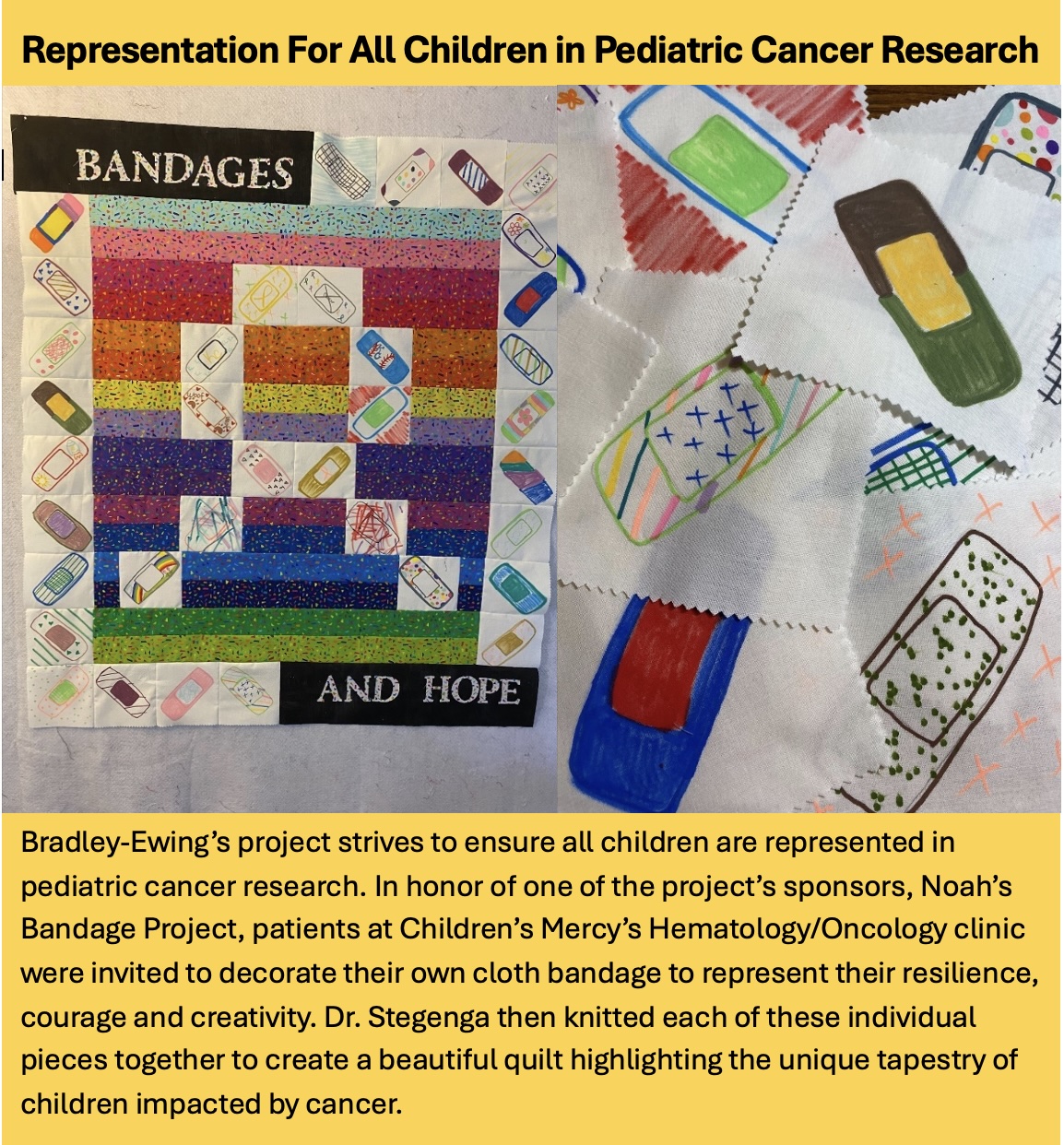 Representation for all children in pediatric cancer research. Contains photo of quilt and quilt pieces that say Bandages and Hope.