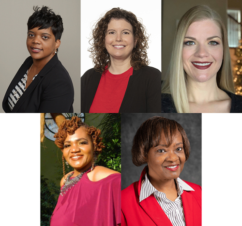 A collage of photos of 5 women. Three women's photos are in the top row and two women's photos are in the bottom row.