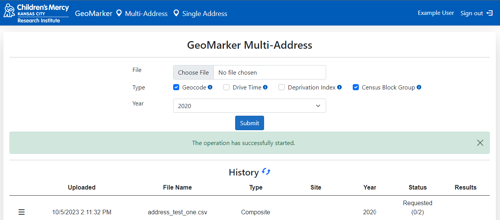 A screenshot of the homepage of GeoMarker, a HIPPA-compliant web application for geocoding addresses. The top says GeoMarker Multi-Address.