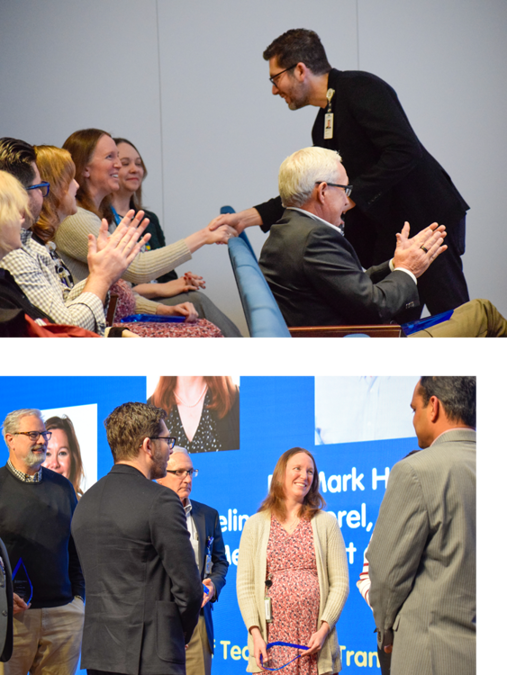 Top photo: Dr. Alejandro Quiroga shakes hands with Dr. Rose Gelineau-Morel. Bottom: Some of those honored during a National Inventors' Day awards ceremony talk with Dr. Quiroga and Dr. Aswini Betha.