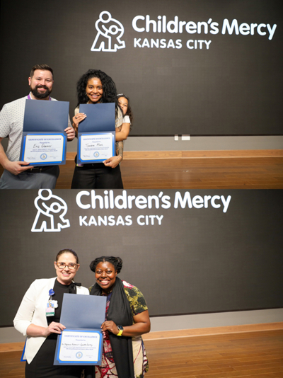 Two photos combined. The photo on top is of a man and a woman holding their awards with a young child holding onto the woman. The photo on the bottom is of two women holding one award.