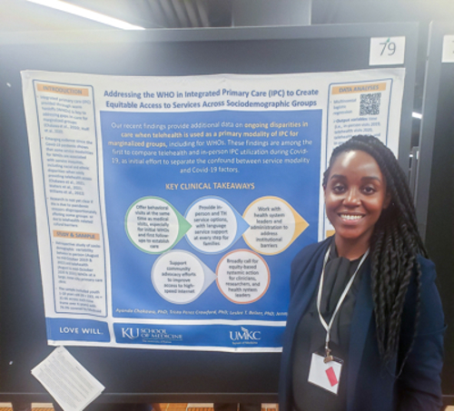 Ayanda Chakawa, PhD, presents at the Society of Pediatric Psychology Conference in 2023. She stands next to her poster titled Addressing the WHO in Integrated Primacy Care (IPC) to Create Equitable Access to Services Across Sociodemographic Groups.