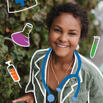 A female teenager with dark curly hair smiles at the camera. The photo is taken outside. Over her are drawn images of test tubes, beakers, and a stethoscope.