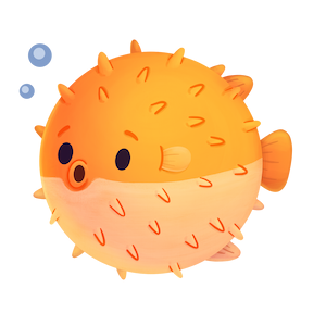 Illustration of a round orange cartoon pufferfish with small fins, short spikes and bubbles rising beside it.