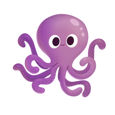 Illustration of a purple cartoon octopus with eight curled tentacles and large round eyes.