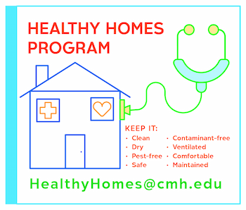 Healthy Homes Program logo featuring a house outline, a stethoscope, and health-related icon.